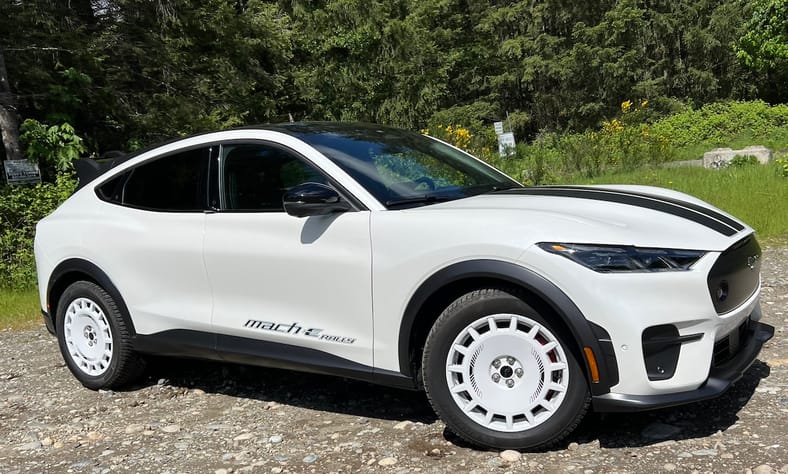 Mustang Mach-E Rally Edition: This Pony Was Born To Play In the Dirt 12 A Side View Of The White Ford Mustang Mach-E Rally Shows The Spoiler Isn'T As Prominent