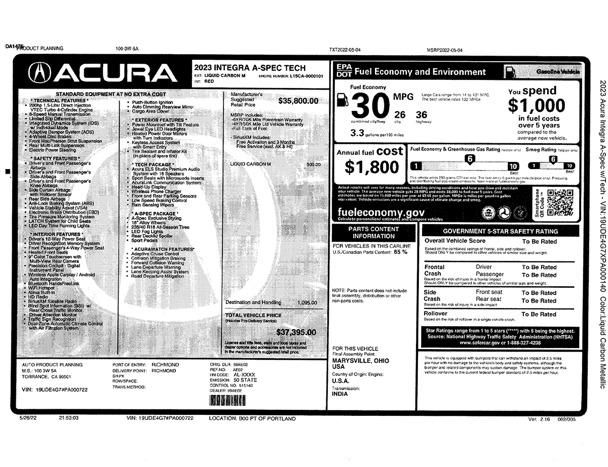 2023 Acura Integra A-Spec Review - A Fabulous Nod to its Younger Self 11 2023 Acura Integra Monroney
